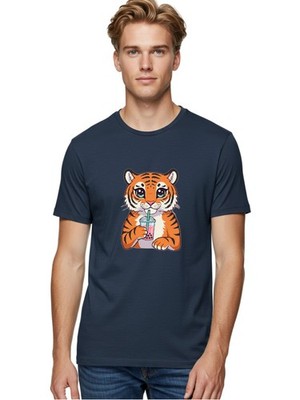 Tiger-Drinking-Bubble-Tea-1 Mens Graphic Tee, 100% Cotton, Casual Summer Wear