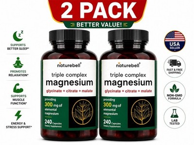 2- pack NatureBell Magnesium Glycinate Citrate Malate 300mg 240 Caps Sleep Calm