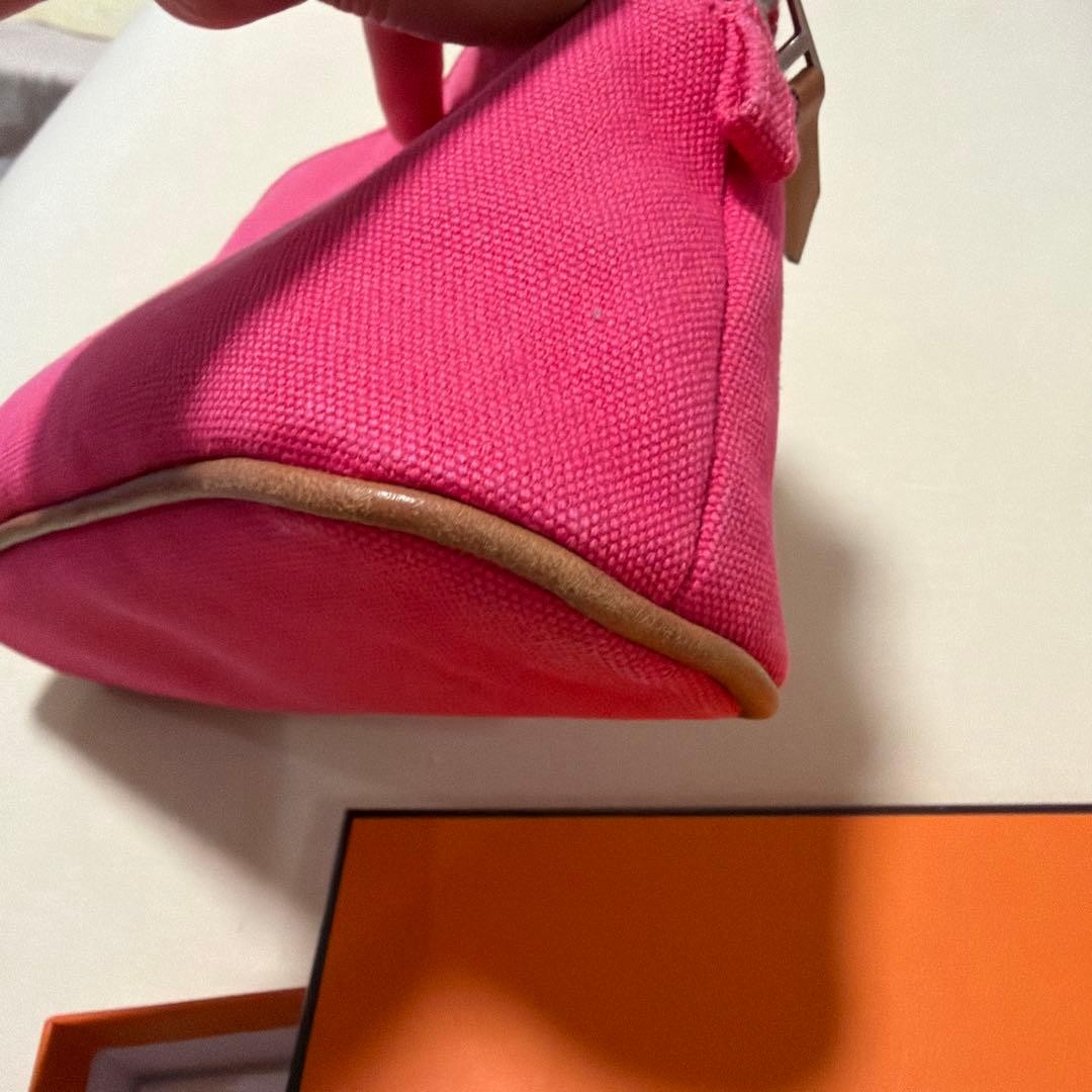 HERMES Bolide Pouch Pink Canvas Leather Piping Handbag Authentic Rare image 9