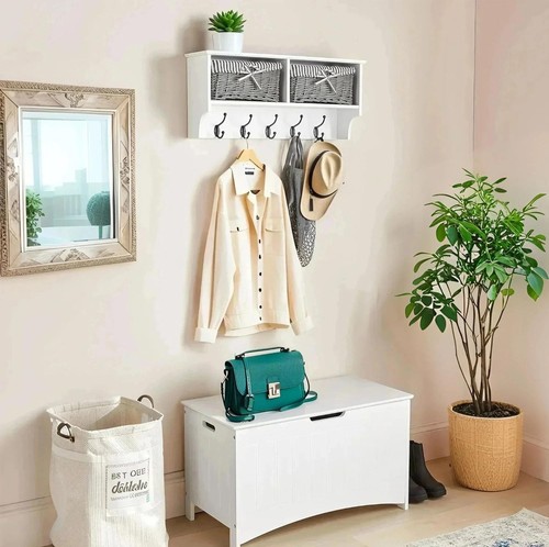 Wall Mounted Coat Rack White Shelf with 2 Grey Wicker Baskets & 5 Double Hooks - Picture 3 of 7