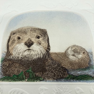 Vtg Signed Rachel Badeau Etching Print Otters Embossed Numbered 231/300