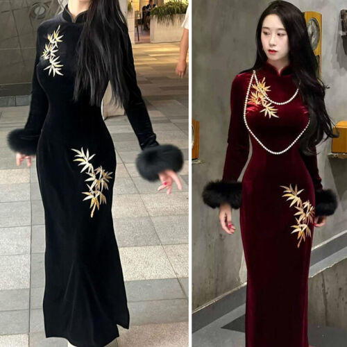 Women Velvet Dress Faux fur Sleeve Bamboo Embroidered Dress Evening Dress - Picture 7 of 11