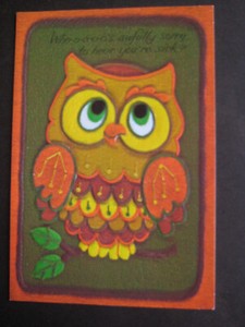 UNUSED 1970s vintage greeting card Greetings Inc. GET WELL Embossed Colorful Owl