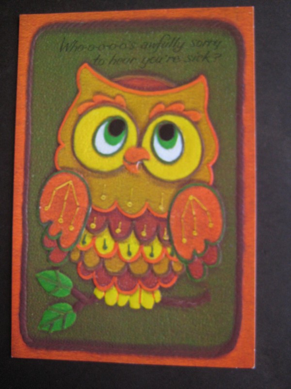 UNUSED 1970s vintage greeting card Greetings Inc. GET WELL Embossed Colorful Owl