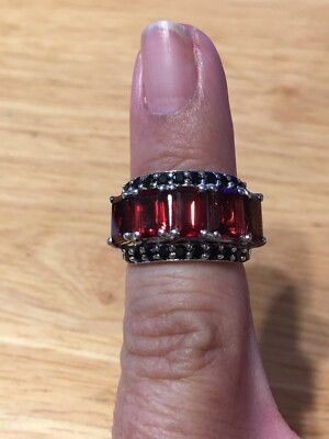 Ring 5 Steine Achteckschliff Granat Sterlingsilber 925 schwarzer Spinell Größe 6