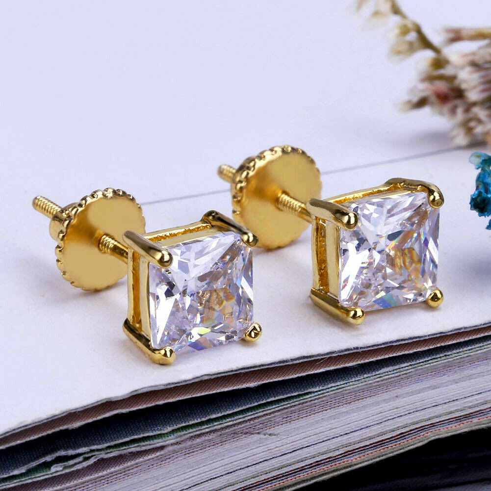 Hip Hop Men Women Gold Sterling Silver CZ Square 4mm Stud Screw-back Earrings1A