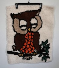Vintage Caron Yarn Latch Hook Sleeping Owl Rug Wall Hanging
