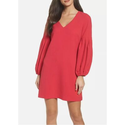 Chelsea 28 NWT Red Pink Barberry V-Neck Semi Formal Balloon Sleeve Shift Dress 6