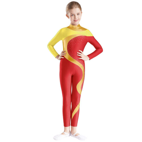 Mädchen Gymnastik Anzug Langarm Glitter Strass Leotard Figure Skating Bodysuit - Picture 112 of 128