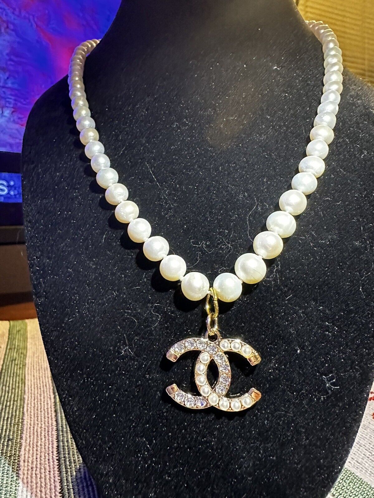 Authentic Chanel CC B19C Logo statement pearl crystal classic chain necklace  box | eBay
