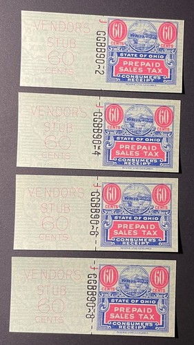 Ohio State Revenue Sales Tax Entires - 60 cents Reserve Litho - EFO - Group of 4
