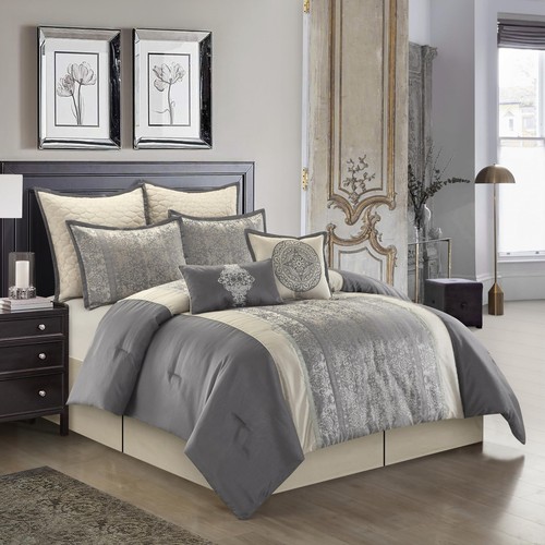 Stratford Park Silver/Ivory Damask Patchwork Comforters Queen Size Set, 8 Pie... - 第 2/7 張圖片