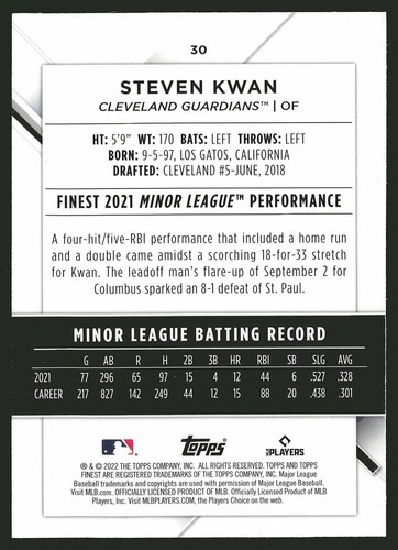 2022 Finest #30 Steven Kwan RC - Bild 2 von 2
