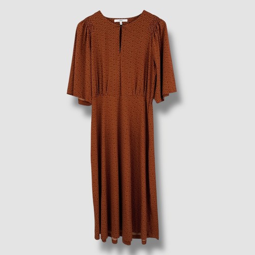 NEXT Damen rostbraun gepunktetes Midikleid Schlüssellochausschnitt Flatterärmel UK 12