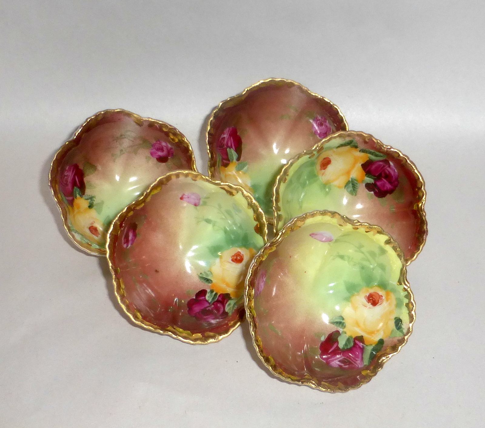 5 Antique Porcelain Nut Dish / Open Salt Dips Cellers Hand Painted Triple Legged eBay