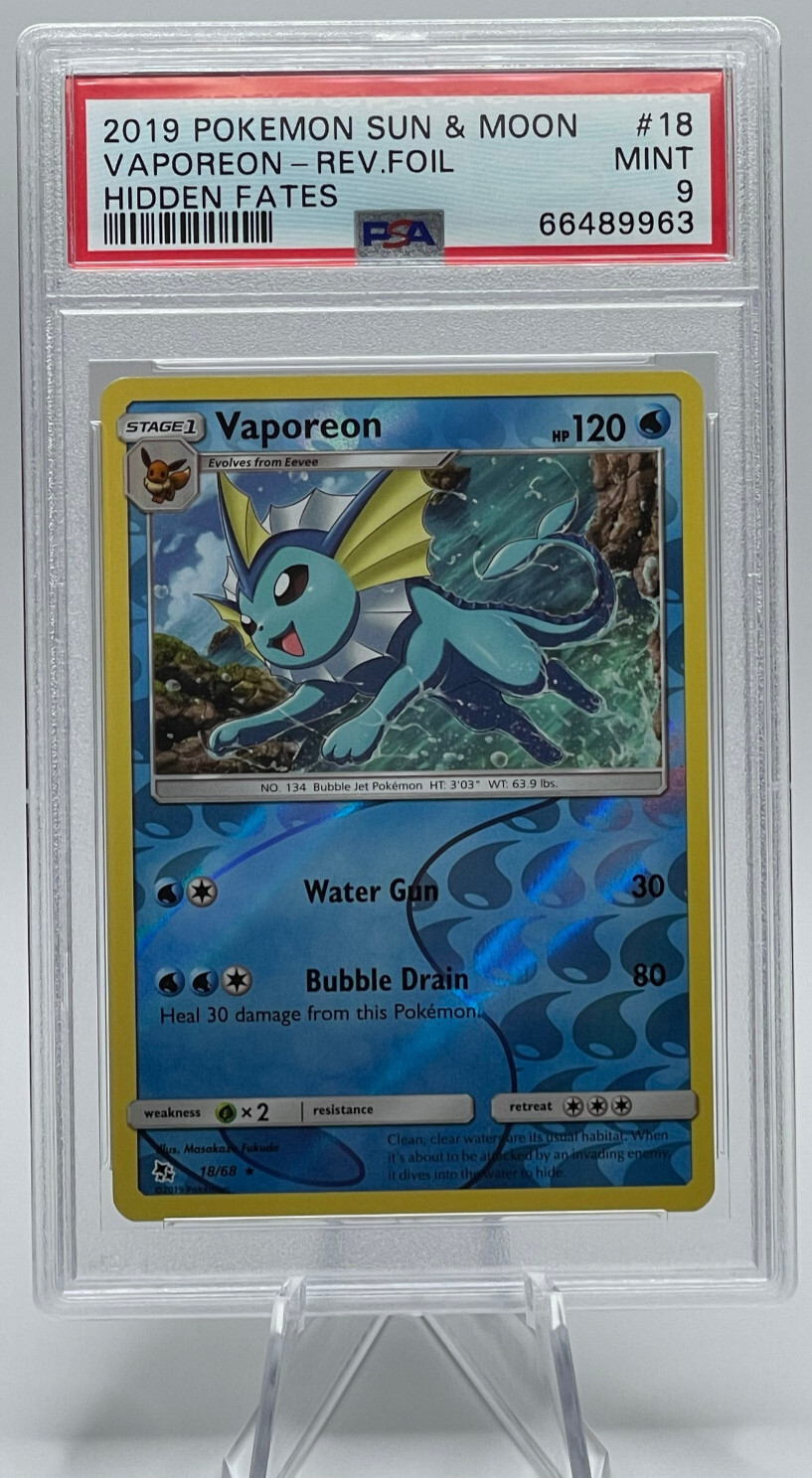 2019 POKEMON SUN & MOON HIDDEN FATES #18 VAPOREON-REVERSE FOIL PSA 9 MINT