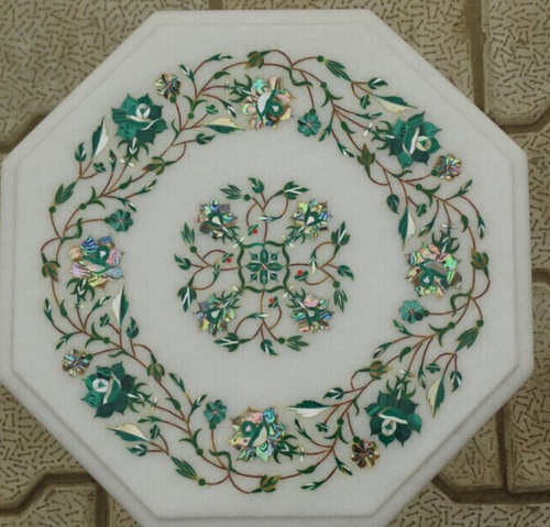Mesa auxiliar de centro blanca de mármol de 15"x15" con incrustaciones de malaquita arte floral decoración - Imagen 2 de 3
