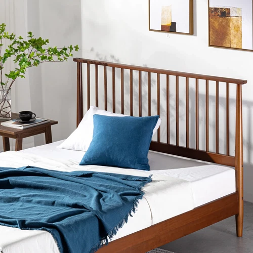 Queen Size Bed Solid Wood Platform w/ Paneled Headboard Mid Century Modern Farm