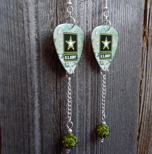 Army Emblem Camouflage Guitar Pick Earrings with Green Pave Bead Dangles - Picture 2 of 4
