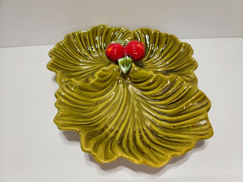 Vintage Maurice California Pottery USA Green Leaf Divided Dish With Apples - Picture 2 of 11
