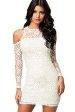 Elegant Angelic White Cold Shoulder Lace Stretch Body Mini Dress Large