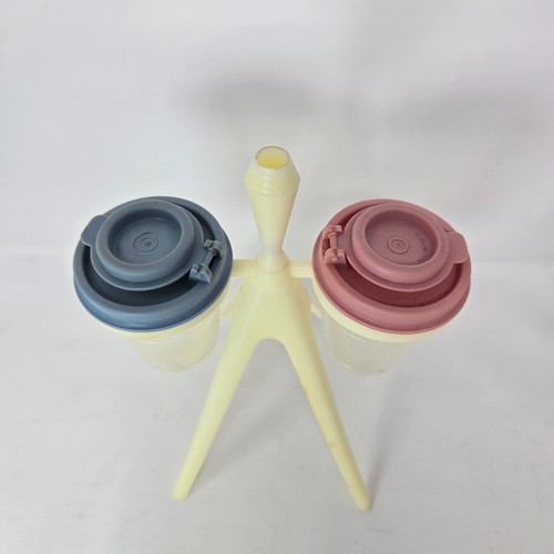 Tupperware Atomic Salt & Pepper Shakers & Stand Toothpick Caddy Red Blue Seals - Picture 6 of 22