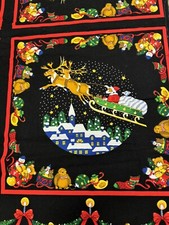 Fabric Panel Santa Sleigh Reindeer Black Background Pillow Quilt Craft Sq 1/2 YD