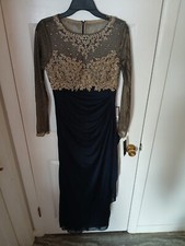 Xscape Long Maxi Dress Women's 6 Blue Mesh Long Sleeve Embroidered Top 278X N122