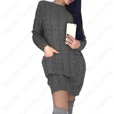 NEW WOMENS CABLE KNIT JUMPER DRESS WITH POCKETS LADIES LONG WARM SWEATER TOP