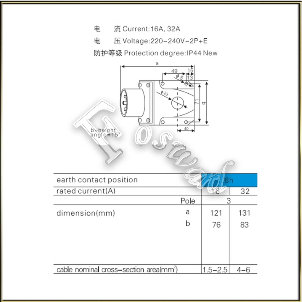 32 Amp 3 Pin 240V Blue Plug Coupler Socket Angled 2P+E 32A IP44 Surface Mounted - Image 3 of 3