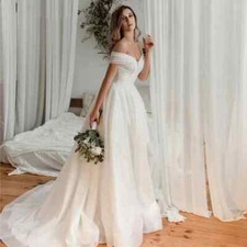Shiny V-Neck Off the Shoulder Wedding Dress Classic A-Line Backless Bridal Gowns