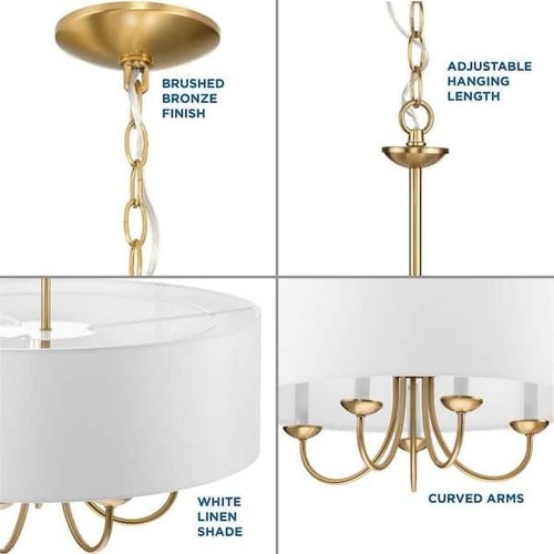 Progress Lighting 5-Light Brushed Bronze White Fabric Shade Drum Chandelier - Picture 4 of 7