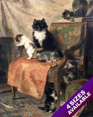 KITTENS AT PLAY ON CHAIR & MOTHER CAT PET ANIMAL ART PAINTING REAL CANVAS PRINT