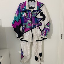 90s Vintage Track Suit Jacket Pants Set Womens Large White Geometric Full Zip
