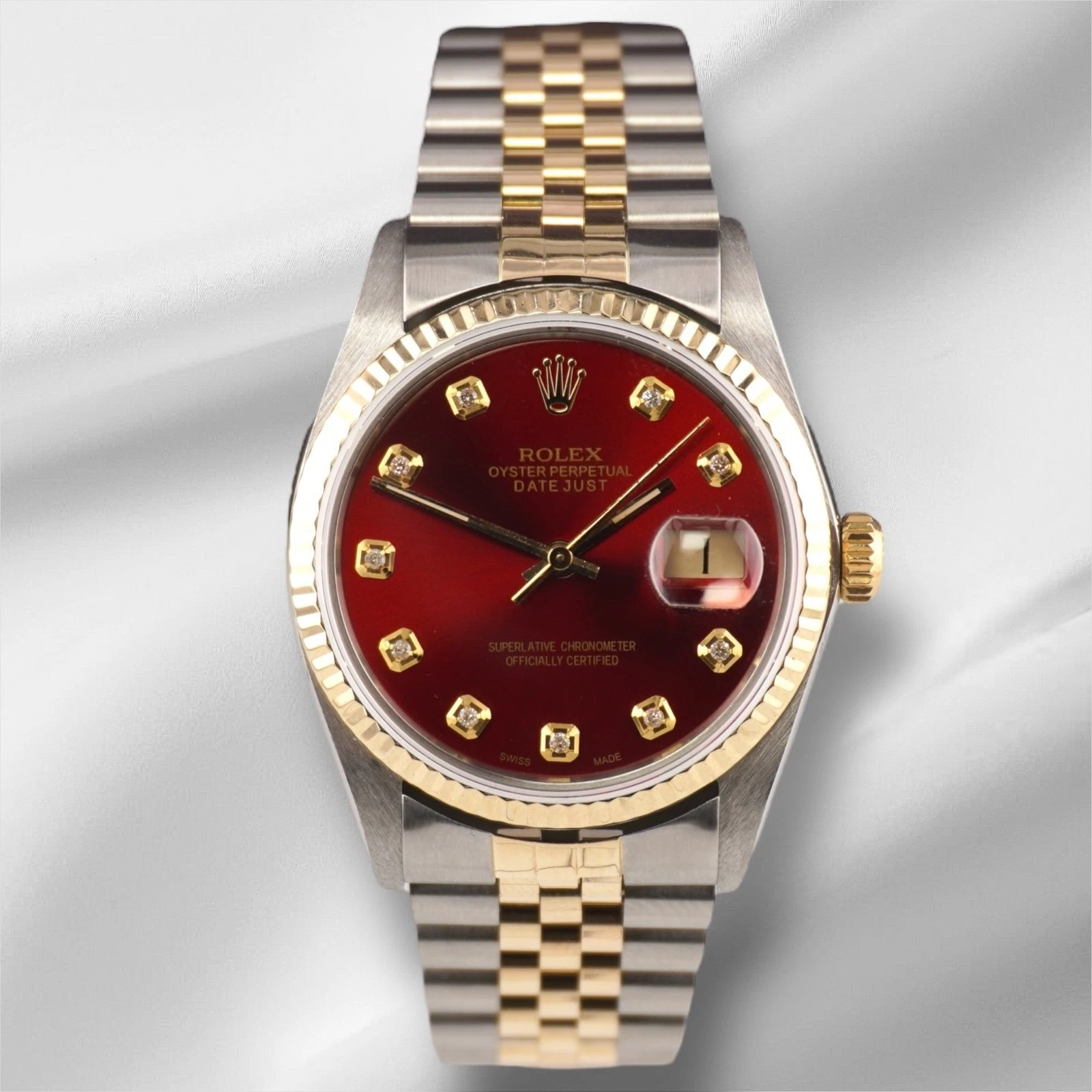 Rolex Datejust 36mm Yellow Gold Fluted Red Diamond Dial Jubilee Watch 16013