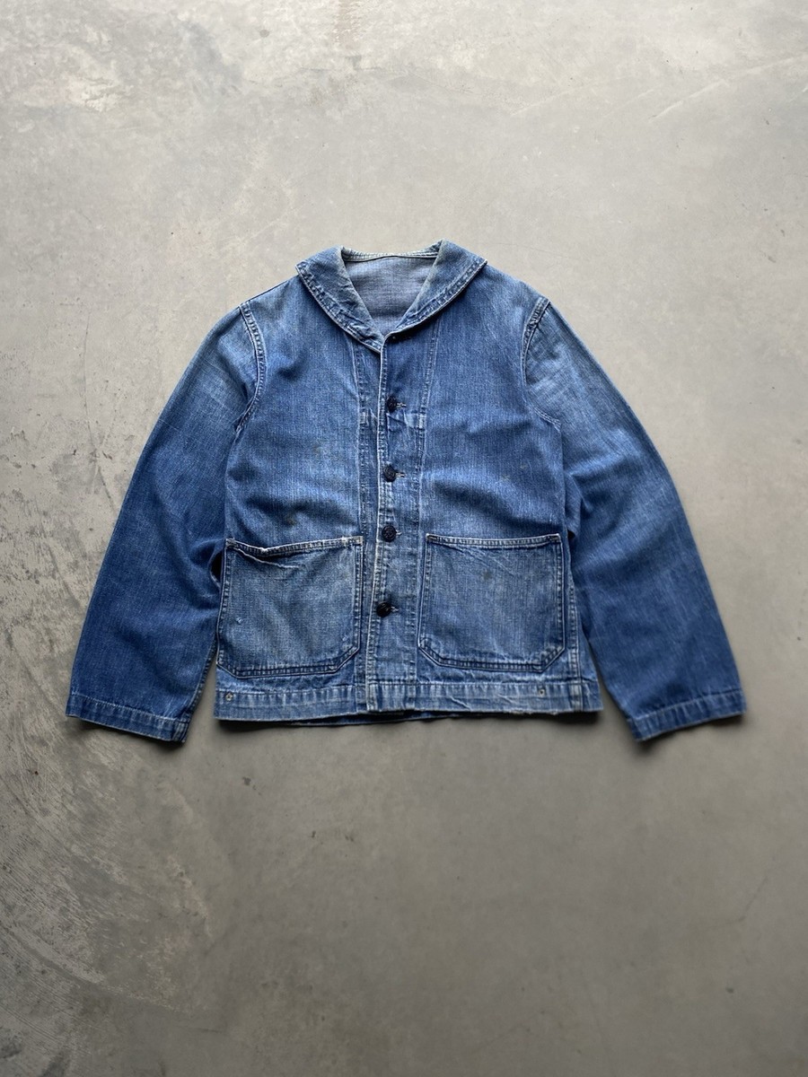 Vintage WW2 US Navy Denim Shawl Collar Chore Jacket 1940s With Red