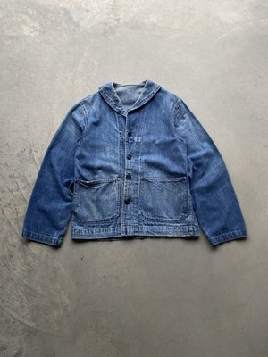 Vintage WW2 US Navy Denim Shawl Collar Chore Jacket 1940s With Red