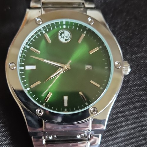 AJ Quartz Green Dial Date Baton Markers Silver Stainless Bracelet w/ Box