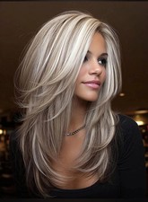 Human Hair New Fashion Layered Long Natural Golden Brown Wavy Women's Wigs 20in