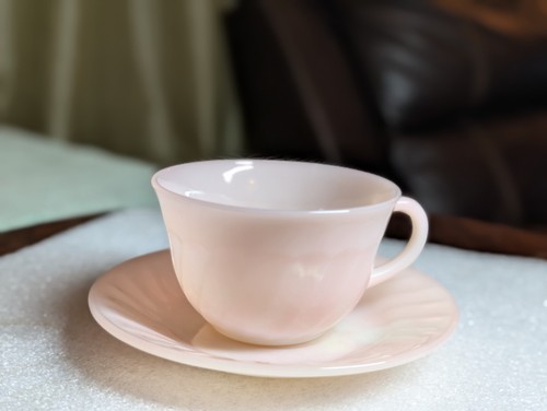 Vintage Fire King Oven Ware Pink Swirl Coffee Tea Cup and Saucer Set Excellent - Picture 3 of 13