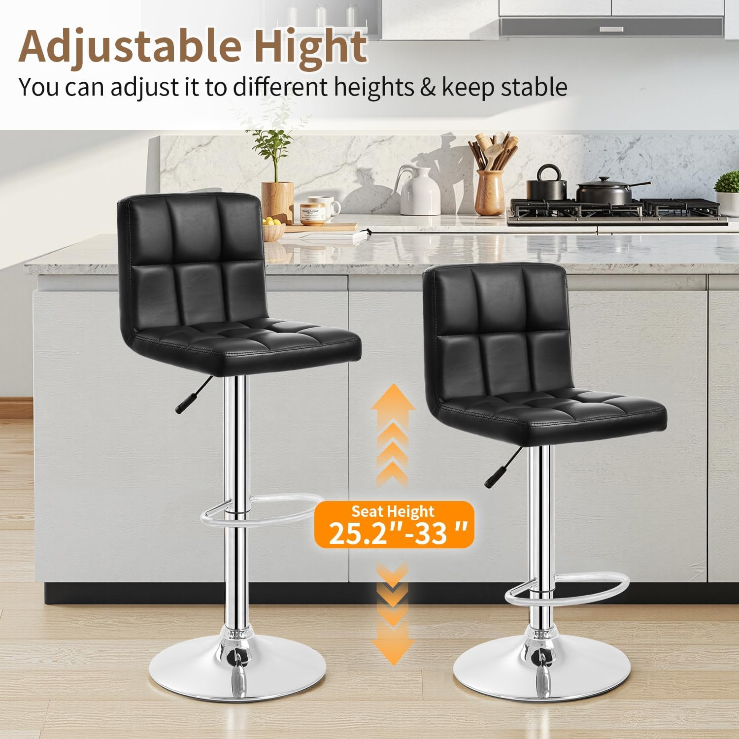 Bar Stools Set of 2, Adjustable PU Leather Swivel Barstools, Modern Counter Stoo