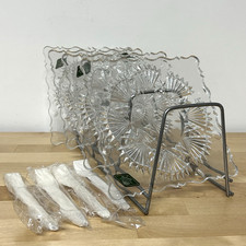 NEW OS Godinger Shannon Lead Crystal 4 Dessert Plates 4 Fork Freedom Czech Vtg