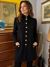 Vintage St John Evening Marie Gray Navy Knit Long Jacket Gold Buttons USA 6