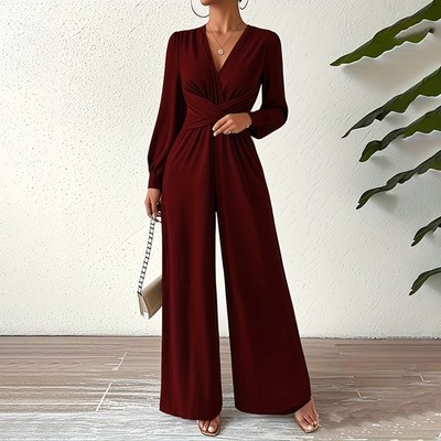 Women s Elegant V-Neck Belted Long Sleeve Wide Leg Jumpsuit