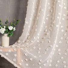 MYSKY HOME Pom Pom Beige Sheer Curtains 108" for Bedroom Girls Room Rod Pocket