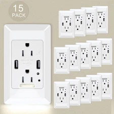 15× LED Night Light Wall Socket 2 USB Ports 2 AC Outlet Duplex Receptacle Cover