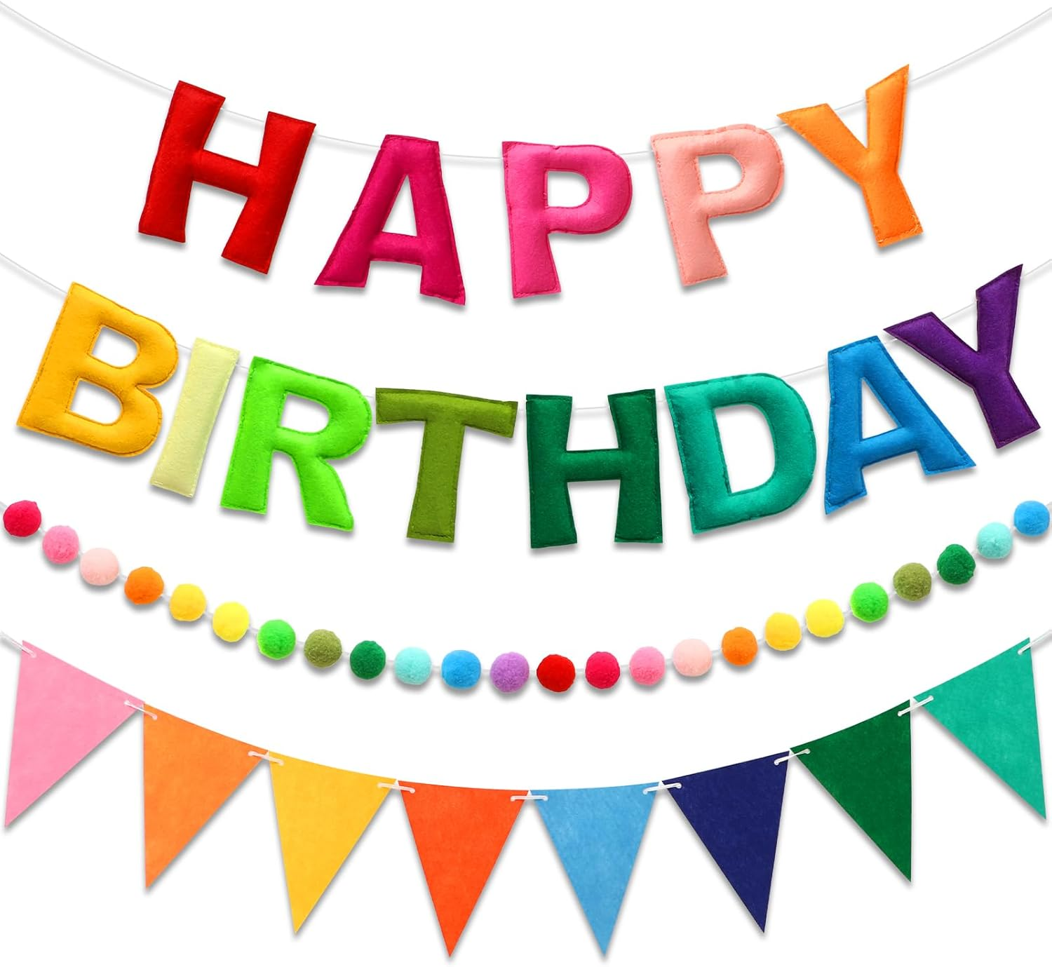 Pre-Strung Happy Birthday Banner & Felt Garland Set - Colorful Birthday Decorati