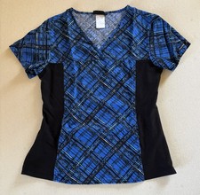 Cherokee Women  s Blue  Black Printed Scrub Top   Size S
