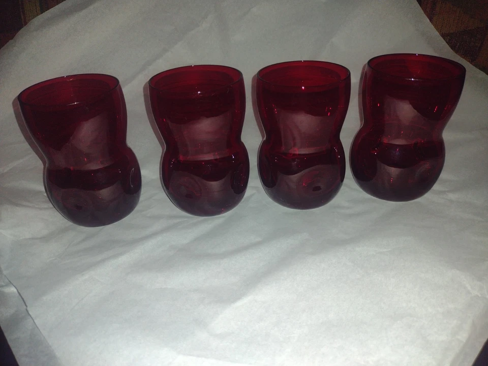 4 Vintage Blenko Ruby Red Pinched Glass Tumbler w Pontil 4" Tall Excellent Cond - Image 4 of 4