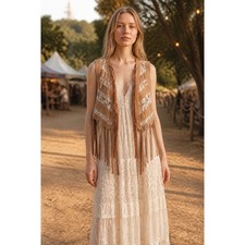 NEW Cato Women Sz S Brown Faux Suede Fringe Vest Lace Panel Western Cowgirl Boho